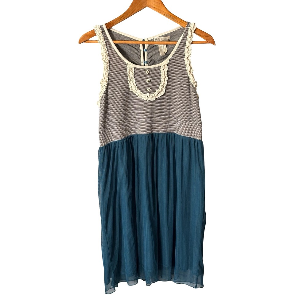 Matilda Janeā Womens Medium Grey Teal Tulle Mixed Media Ruffle Button Back Dress